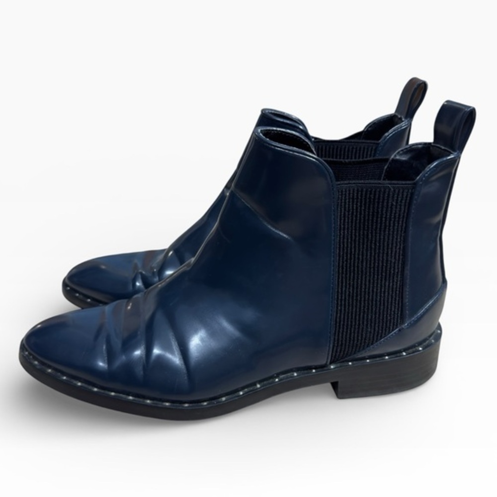 Zara Navy Blue Patent Leather Chelsea Ankle Boots Size 37 EUR 6.5 US